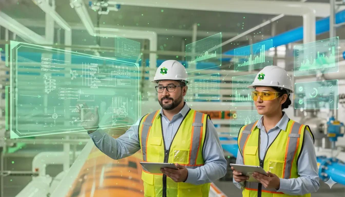 Industrial refrigeration professional at CAD workstation reviewing P&ID drawings